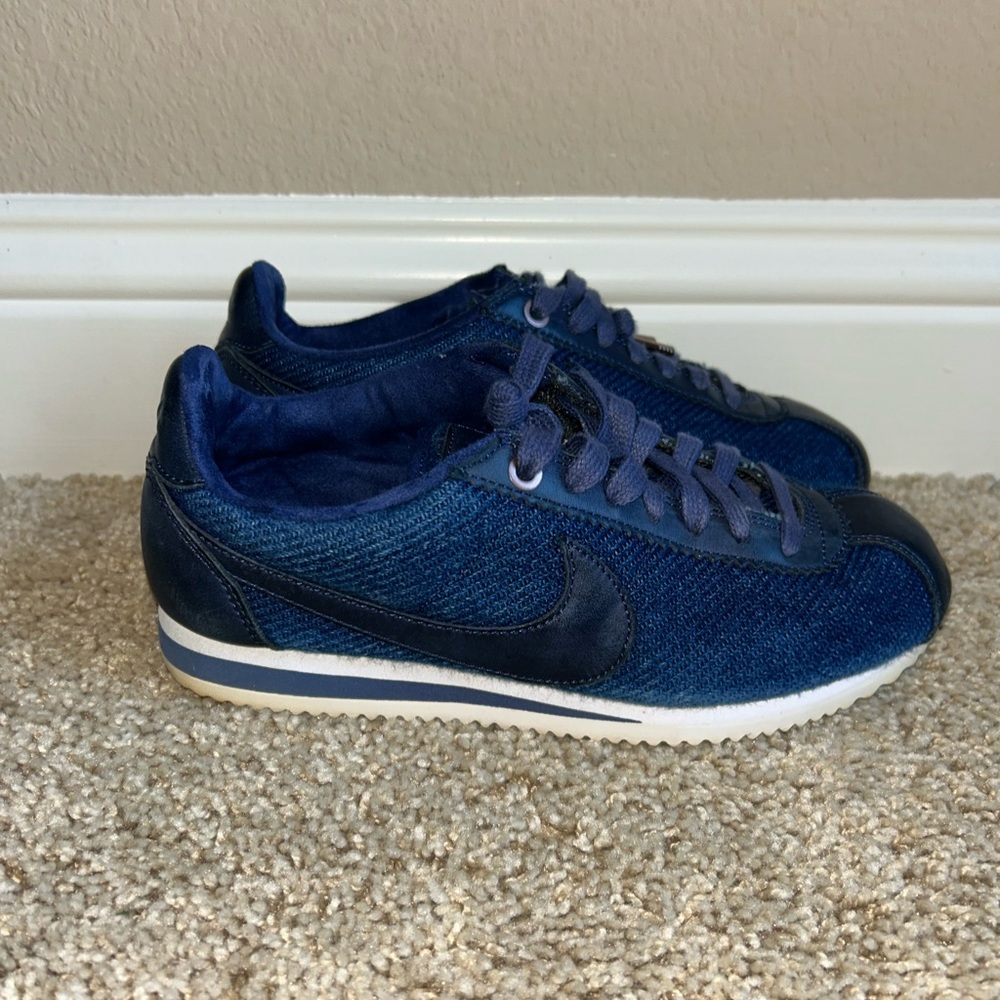 Navy Blue Denim-Style Cortez Sneakers with Swoosh Accent